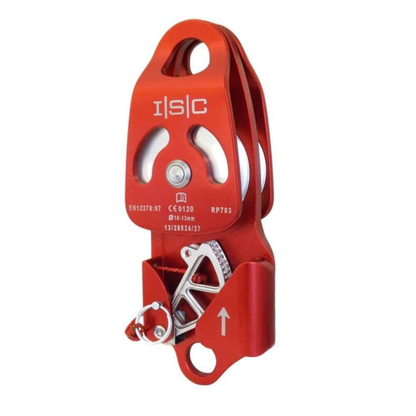 ISC Progress Capture Pulley Double in red for tree surgeons, features toothed cam and 800 kg working load.