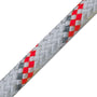 Close-up of OMEGA 10mm rigging line featuring a durable white and red braided polyester sheath.