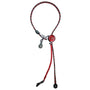 A RopeGuide 2010 device with link pulley, consisting of a red and black rope, a metal tunnel ring, and adjustment mechanisms, designed for climbing and rope management.