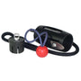 A black double snapper device with a red retrieval ball and a blue ankle strap, used for climbing.