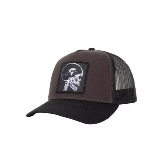 A black trucker cap with a mesh back featuring an 'Arbskull' logo on the front.