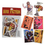 A collection of Arb Fiction stickers with various designs, including pop culture references and arborist-themed artwork. The stickers are displayed on a white background, and the packaging indicates the stickers are made to withstand outdoor conditions.
