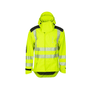 Heavy Duty Full Zip Waterproof Jacket Hi Vis Yellow featuring reflective strips for safety and visibility in outdoor work.