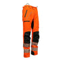 A pair of high-visibility orange chainsaw trousers with reinforced knees, pockets, and a zipper on the side.