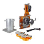 A professional arborist's lowering device consisting of a metal frame, winch system, and friction control components, primarily in silver, orange, and black colors.