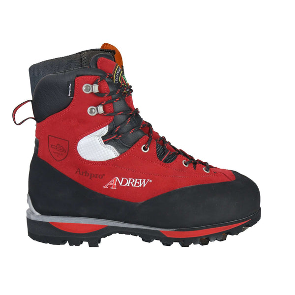 Red Arbpro Cervino Class 3 chainsaw boots. Protective footwear for professional tree work.