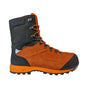 A pair of CRISPI Forst GoreTex Chainsaw Boots with orange, black, and gray coloring and lace-up closure.
