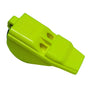 A bright yellow, plastic whistle designed for visibility and ease of use.