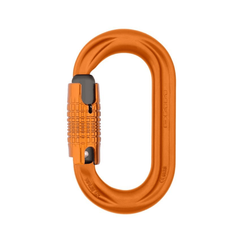 DMM PerfectO Locking Carabiner in orange color, designed for arborists and climbers for compact, efficient connections.
