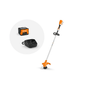 Stihl string trimmer with battery and charger on a white background