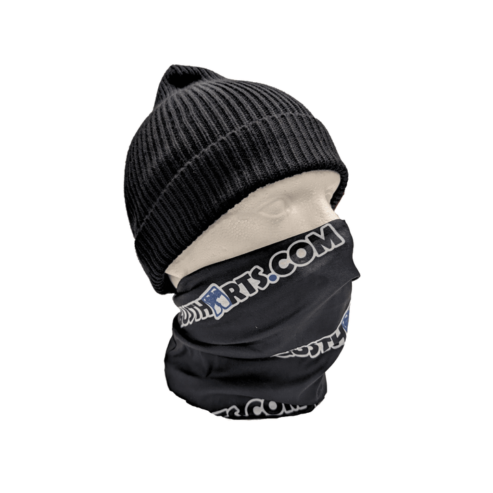 Neck Gaiter worn with beanie, showcasing the Gustharts.com logo for arborists and outdoor professionals.