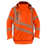 A Harkie high visibility orange work jacket with reflective silver stripes, featuring a hood and multiple zipped pockets.