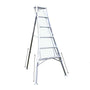 A three leg adjustable tripod ladder made of aluminum, with rubber boots on the legs, in a silver color.