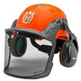 Husqvarna technical forest chainsaw helmet. Safety headgear for professional forestry work. Protective helmet with visor and ear protection.