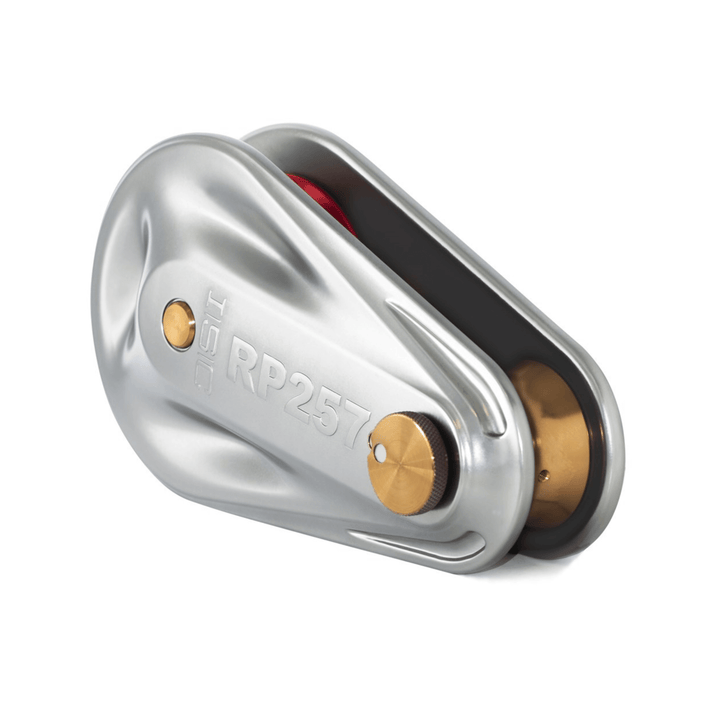 Metallic pulley system with 'RP257' marking on a white background