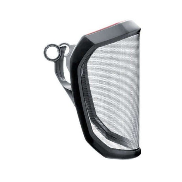 A black mesh visor designed for Protos helmets, featuring a UV-protective finish and a connection ring for attachment.