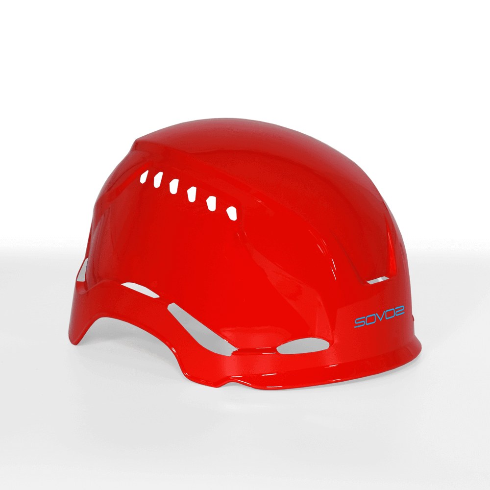Red interchangeable cover for Sovos S3200 climbing helmet, ideal for tree surgeons seeking customizable safety gear.