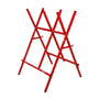 A red steel foldable log sawhorse.