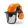 STIHL ADVANCE X-VENT Bluetooth helmet for tree surgeons with ear protectors and protective face guard.