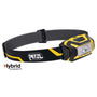 Headlamp with black and yellow design on a white background, featuring the Petzl brand.