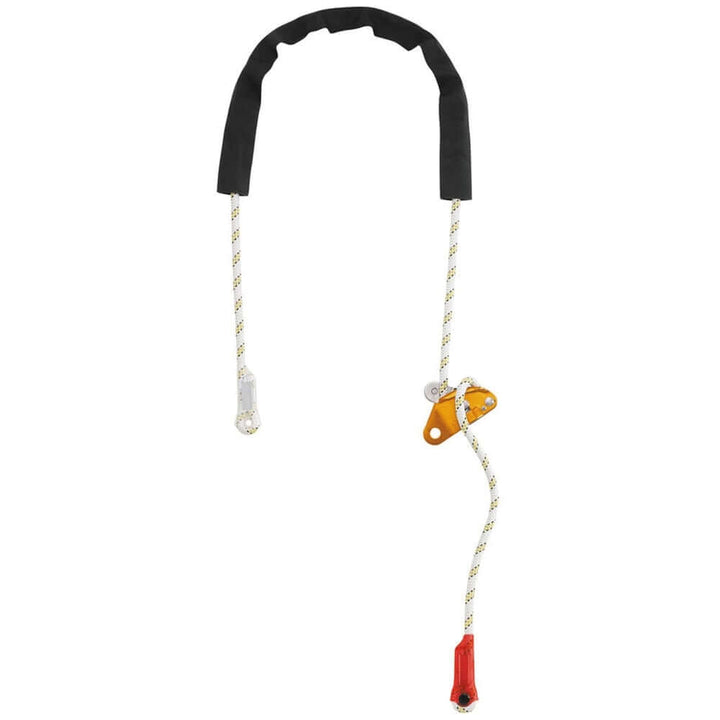 An adjustable Petzl Grillon Lanyard Assembly with a black padding, orange carabiners, and a white rope with gray accents.