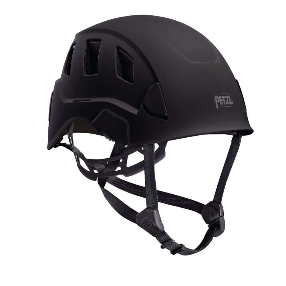 A black Petzl Strato Vent climbing helmet with adjustable chinstrap and integrated headlamp slots.