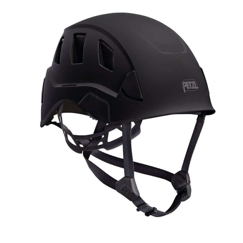 A black Petzl Strato Vent climbing helmet with adjustable chinstrap and integrated headlamp slots.