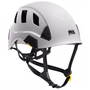 A white Petzl Strato Vent climbing helmet with black straps and yellow accents.