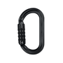 A silver oval-shaped Petzl aluminium carabiner with an orange keylock system.