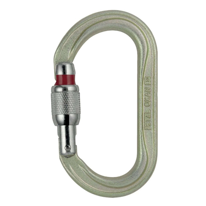 A silver Petzl Oxan Screw lock carabiner with a black and red locking mechanism.