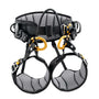 Petzl Sequoia Tree Climbing Harness with adjustable straps and multiple attachment points, primarily black with some gray and yellow accents.