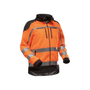 Orange and black safety jacket with reflective stripes on a white background