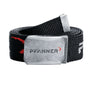 A black webbing belt with a metal buckle featuring the embossed Pfanner logo, and red accents on the belt.