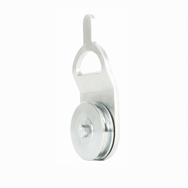 A silver open-faced corner block sheave with a 100mm diameter, designed for pulling trees perpendicularly to the trail.