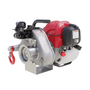 A portable petrol-powered winch with a red and silver body, black rope, and gray accents. The winch features a Honda engine and is designed for pulling tasks in outdoor or construction environments.