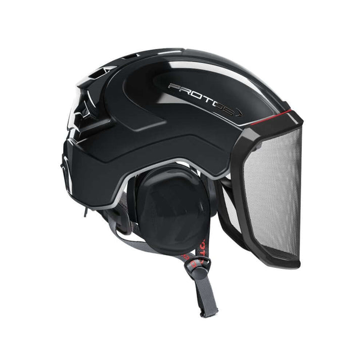 Protos Integral Arborist Helmet with protective face shield for tree surgeons, ensuring safety while working with chainsaws.