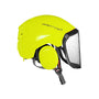 Protos Integral Arborist Helmet for tree surgeons, featuring high visibility yellow color and protective face shield.