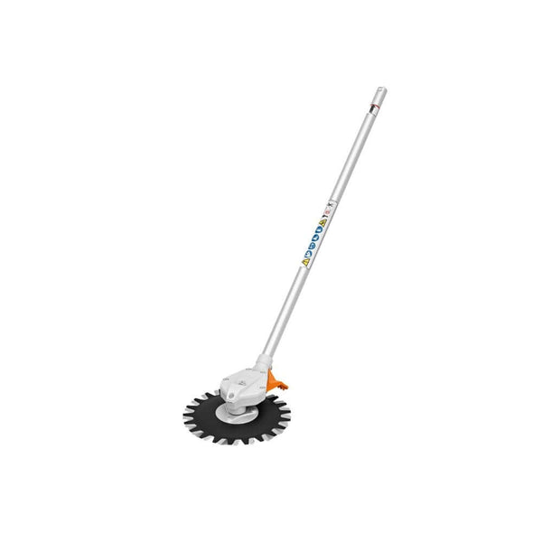 STIHL RG-KM Rotary Cutting Head Attachment for KombiTools, showing a silver-colored shaft with a black rotary cutting blade at the end.