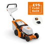 RMA 443 Cordless Lawnmower with cashback offer of up to £95, showcasing its sleek design and features.
