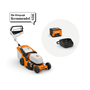 RMA 448.3 V AK System Cordless Lawn Mower by STIHL with battery and charger, eco-friendly lawn care solution.