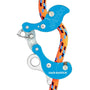 A blue Rock Exotica Akimbo Belay Device attached to an orange and black rope.