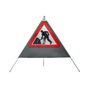 Triangular safety sign warning of road work with a construction worker icon.