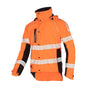 A bright orange SIP Protection Keiu Hi-Vis Rain Jacket with reflective white stripes on the sleeves and chest, featuring a collar, zip pockets, and an extended back hem.