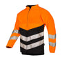A high visibility orange and black chainsaw jacket with reflective silver stripes and a zipper front.