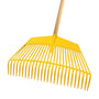 A yellow and brown 2 in 1 debris plastic leaf rake with a wooden handle.