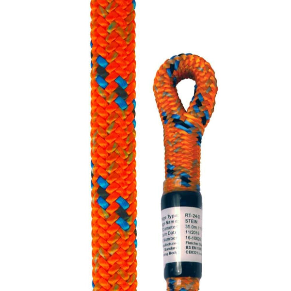 Close-up of an orange and blue Stein ACUDA ACR-24 11.7mm climbing line with a visible label.
