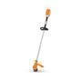 A STIHL FSA 110 R cordless strimmer with an orange and white color scheme, featuring a loop handle and a cutting head at the end.