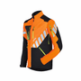 STIHL ADVANCE ShellTEC jacket. Durable, weatherproof outer layer. Features include high collar, adjustable hood, multiple pockets, and reflective elements for visibility. Primarily dark gray/black with orange accents