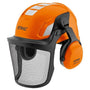 Stihl Advance Vent Chainsaw Helmet with mesh visor for tree surgeons and outdoor workers, offering safety and comfort.