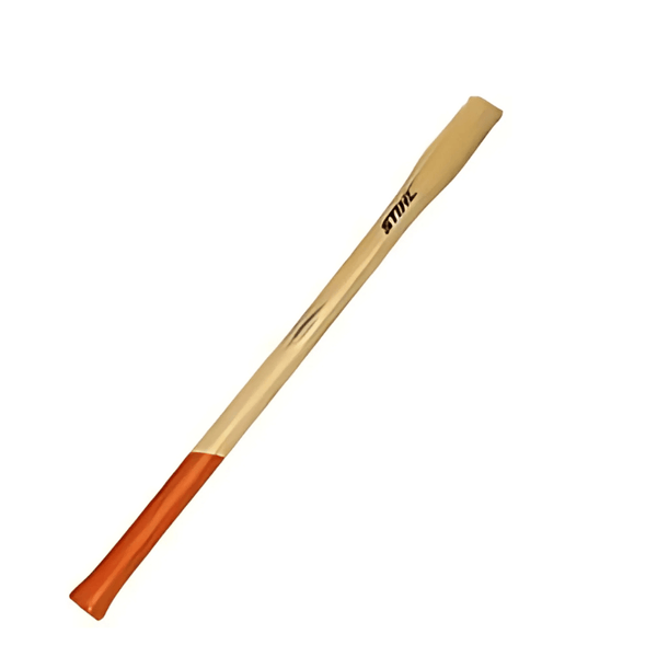An 85cm long beige ash handle for a cleaving axe with a red mark near the bottom end.